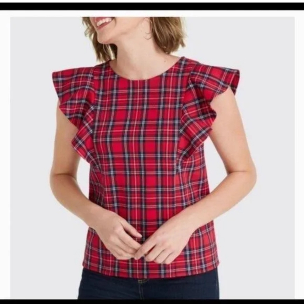 Draper James Red Plaid Tartan Ruffle Sleeveless Top Size 8